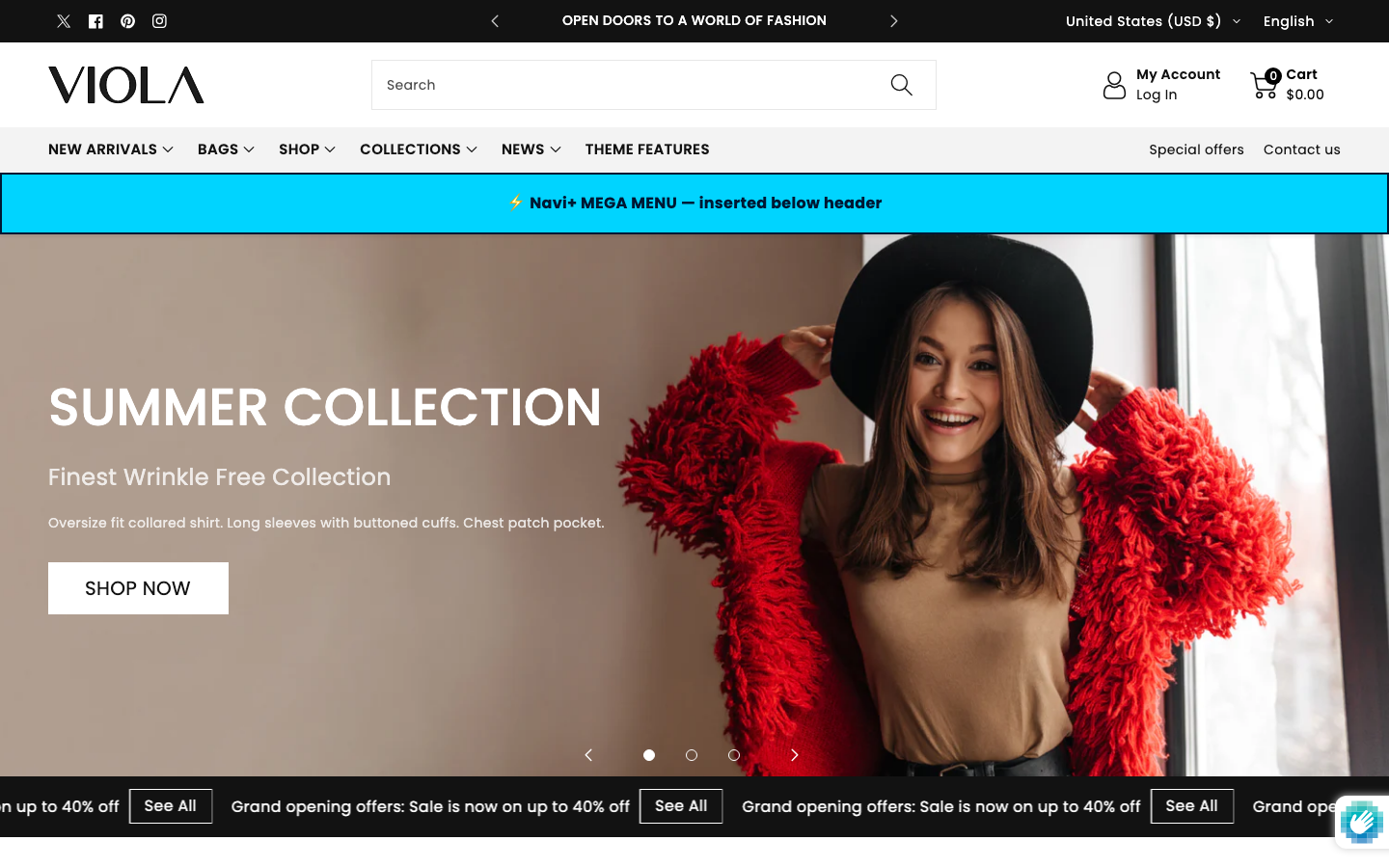Menu inserted below header — Navi+ on the Viola Shopify theme