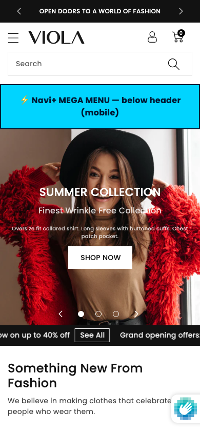 Menu inserted below header — Navi+ on the Viola Shopify theme