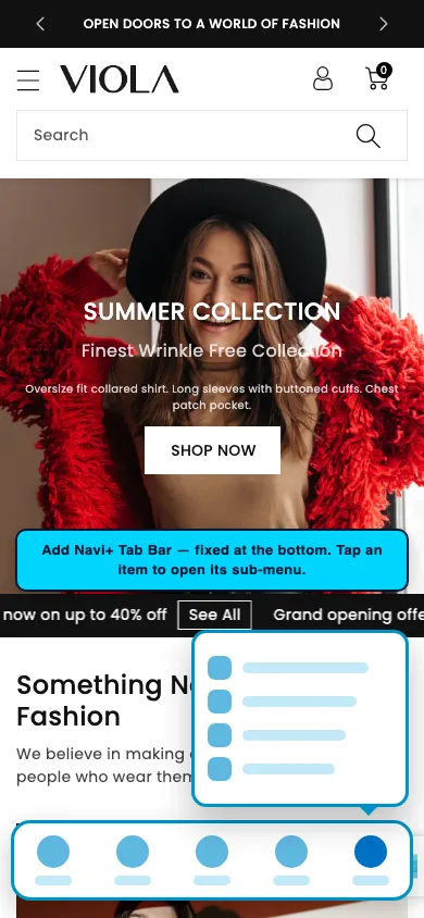 Navi+ Tab Bar on the Viola Shopify theme Navi+ Tab Bar on the Viola Shopify theme