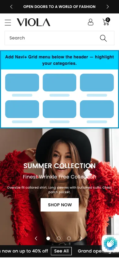 Navi+ Grid Menu on the Viola Shopify theme Navi+ Grid Menu on the Viola Shopify theme