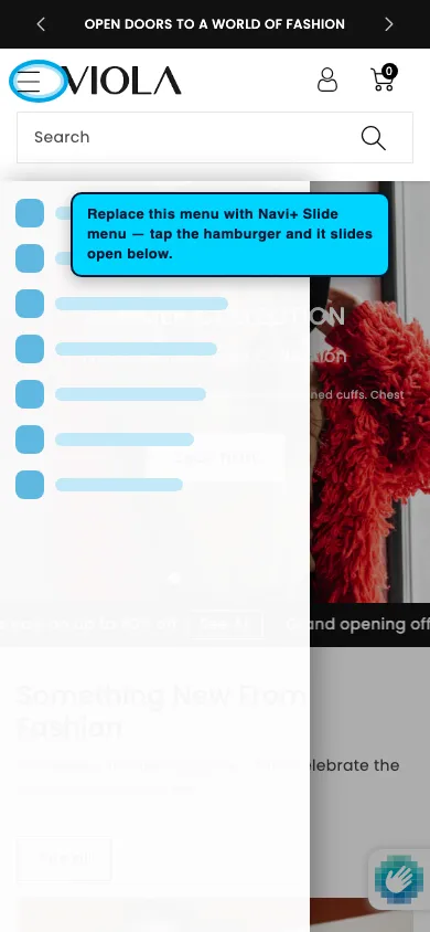 Navi+ Slide Menu on the Viola Shopify theme Navi+ Slide Menu on the Viola Shopify theme