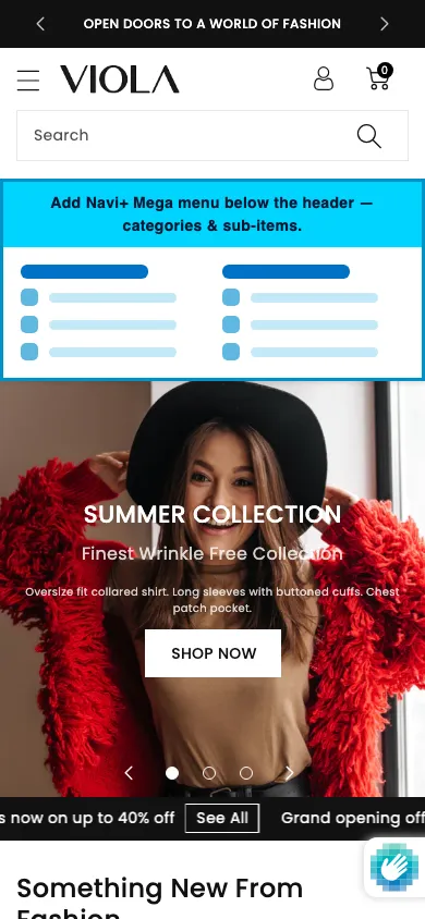 Navi+ mobile Mega Menu on the Viola Shopify theme Navi+ mobile Mega Menu on the Viola Shopify theme