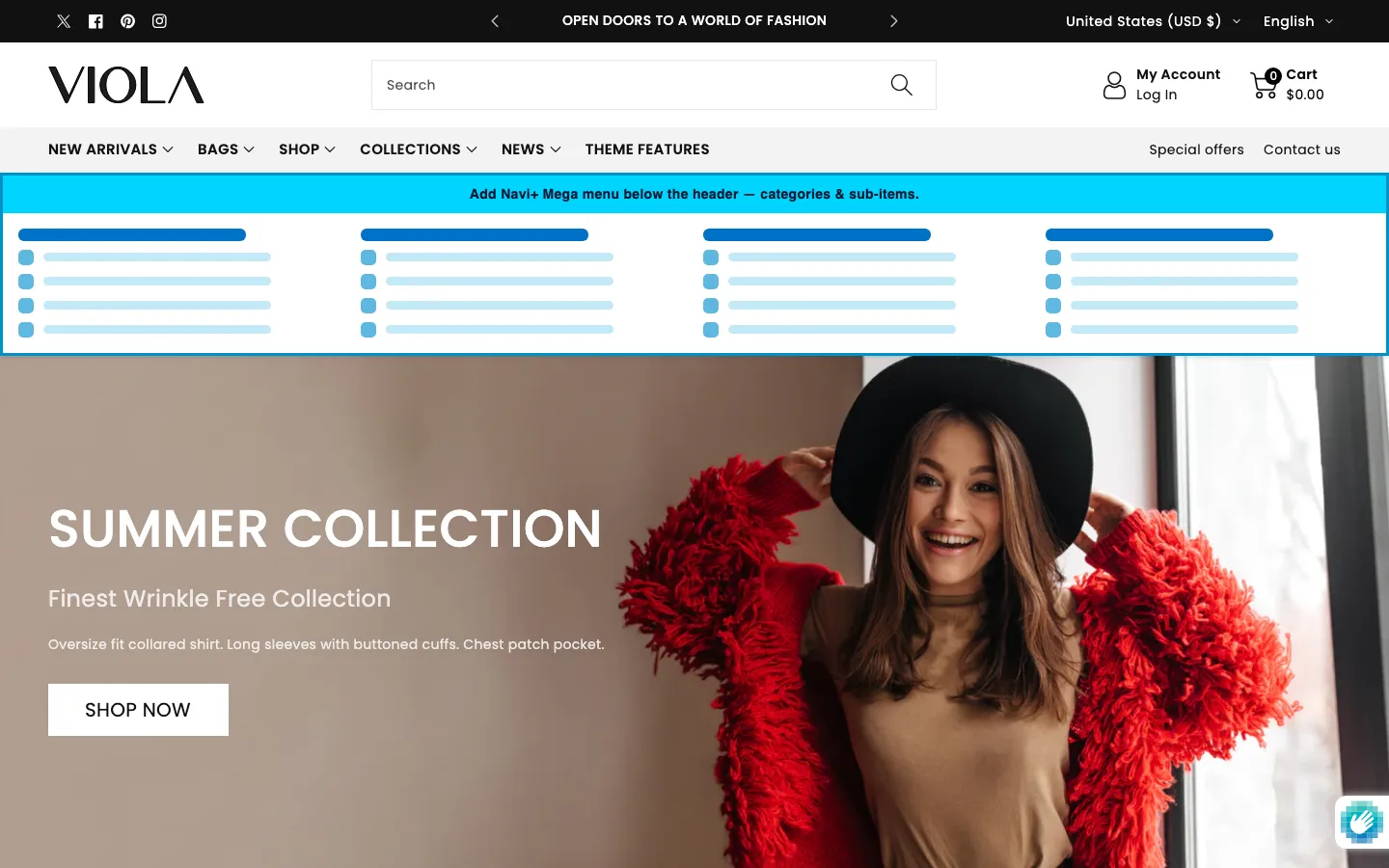 Navi+ Mega Menu inserted below the header on the Viola Shopify theme Navi+ Mega Menu inserted below the header on the Viola Shopify theme