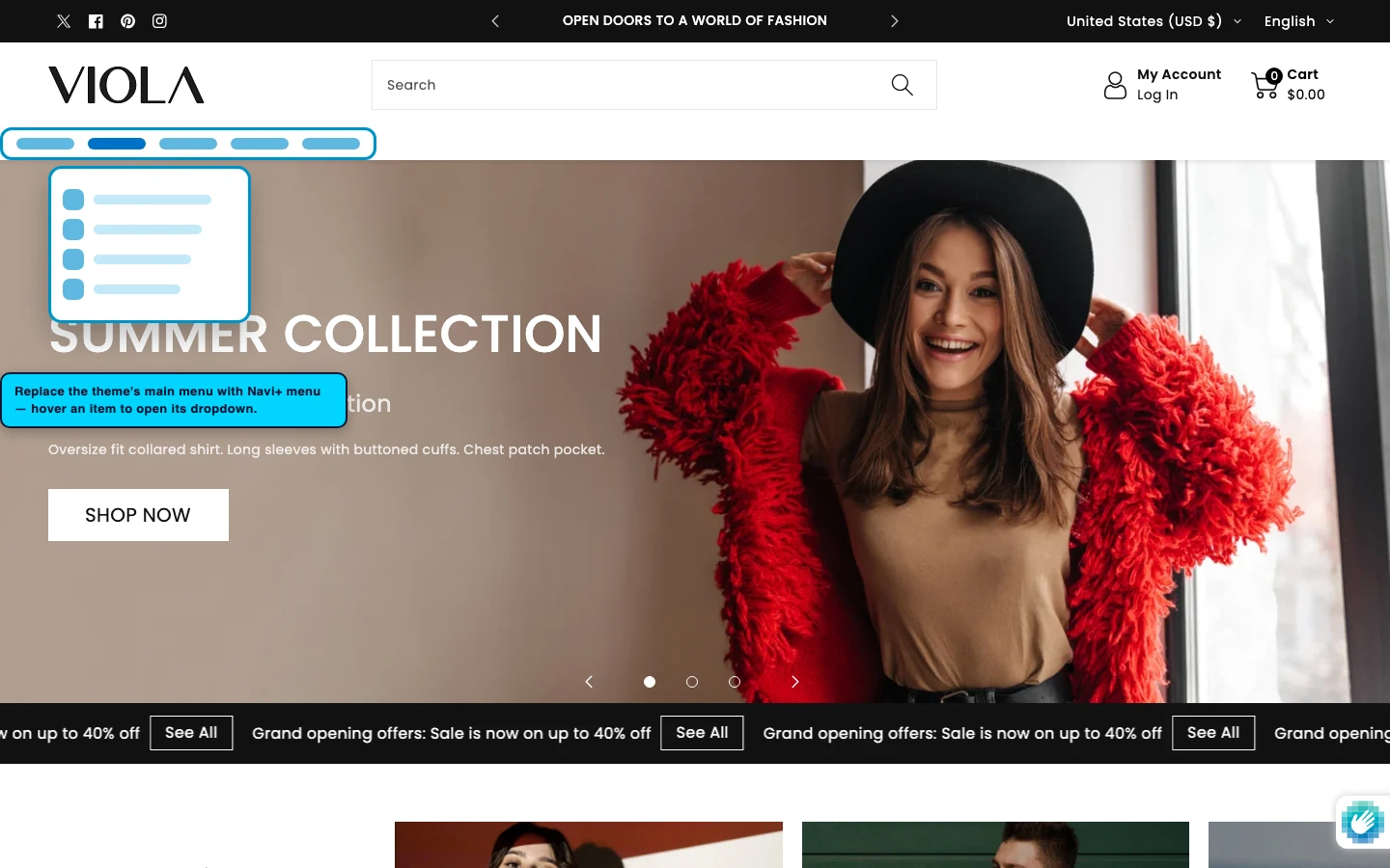 Navi+ Mega Menu replacing the desktop menu on the Viola Shopify theme Navi+ Mega Menu replacing the desktop menu on the Viola Shopify theme