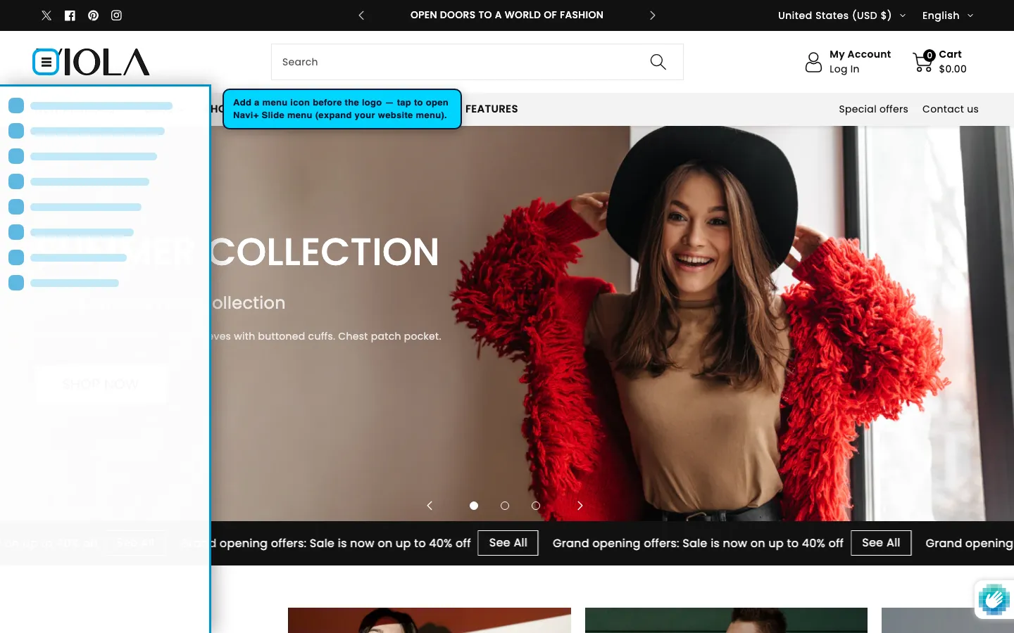 Navi+ trigger icon before the logo on the Viola Shopify theme Navi+ trigger icon before the logo on the Viola Shopify theme