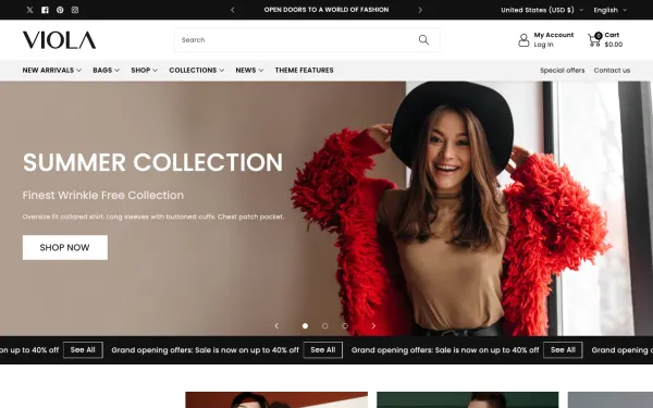 Full-page desktop screenshot of Shopify Viola theme demo store