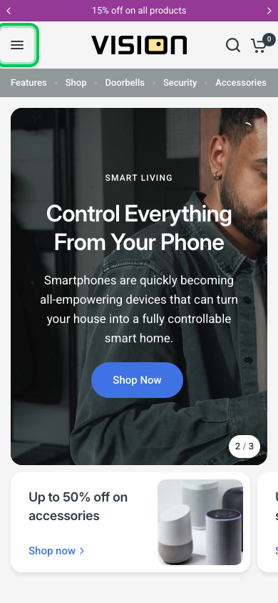 Hamburger → panel opened — Navi+ on the Vision Shopify theme