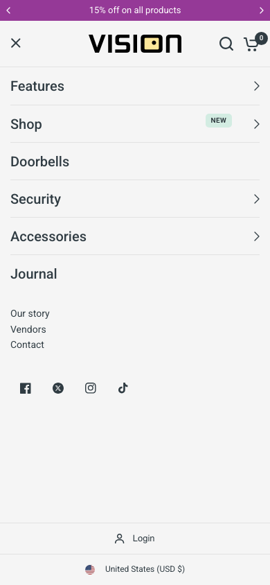 Hamburger → panel opened — Navi+ on the Vision Shopify theme