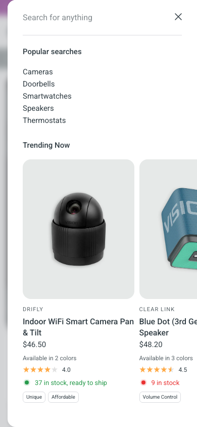 Search → panel opened — Navi+ on the Vision Shopify theme