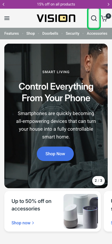 Search → panel opened — Navi+ on the Vision Shopify theme