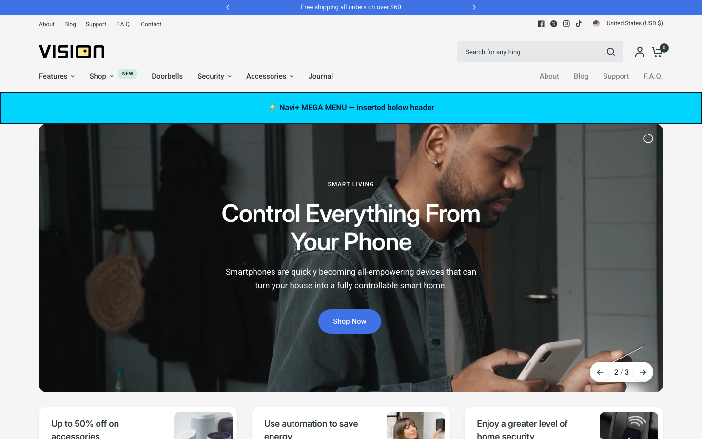 Menu inserted below header — Navi+ on the Vision Shopify theme