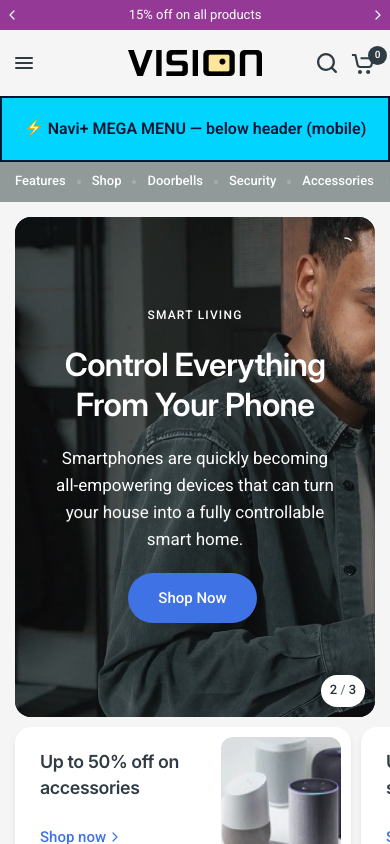 Menu inserted below header — Navi+ on the Vision Shopify theme