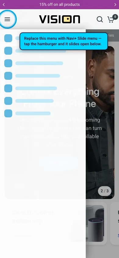Navi+ Slide Menu on the Vision Shopify theme Navi+ Slide Menu on the Vision Shopify theme