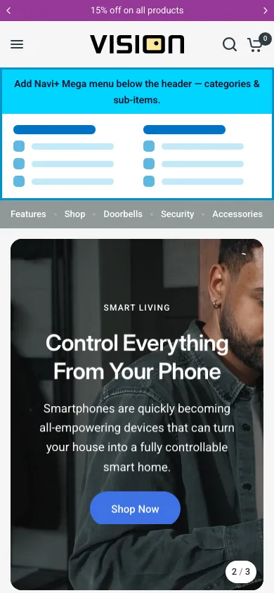 Navi+ mobile Mega Menu on the Vision Shopify theme Navi+ mobile Mega Menu on the Vision Shopify theme