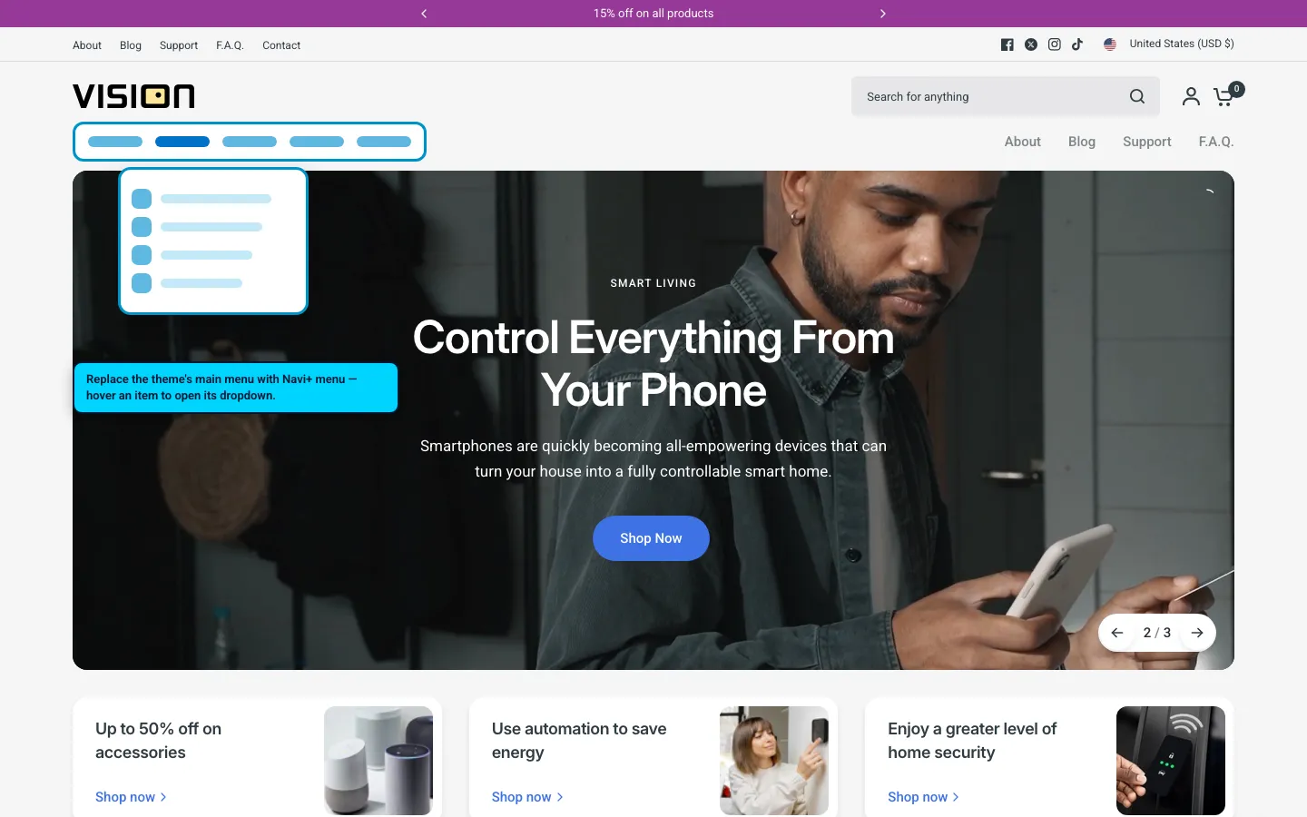 Navi+ Mega Menu replacing the desktop menu on the Vision Shopify theme