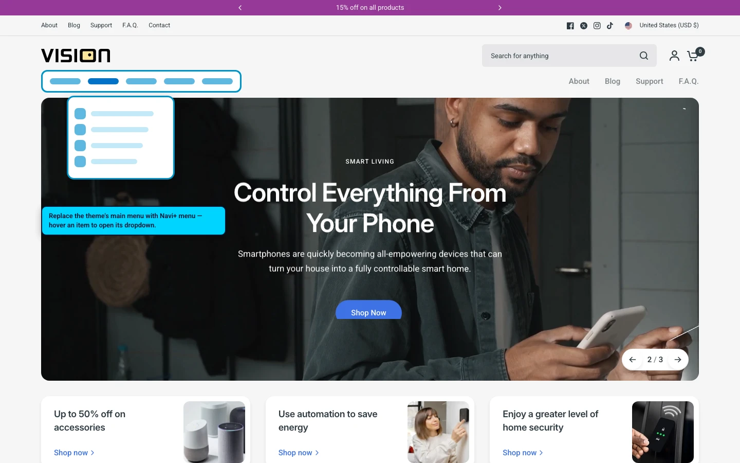 Navi+ Mega Menu replacing the desktop menu on the Vision Shopify theme Navi+ Mega Menu replacing the desktop menu on the Vision Shopify theme