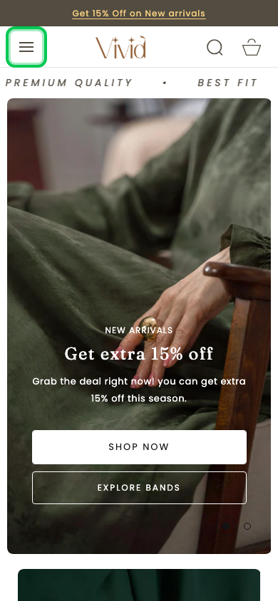 Hamburger → panel opened — Navi+ on the Vivid Shopify theme Hamburger → panel opened — Navi+ on the Vivid Shopify theme