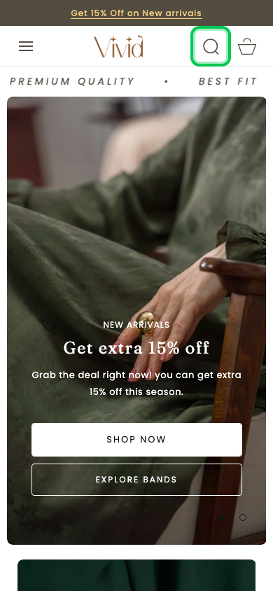 Search → panel opened — Navi+ on the Vivid Shopify theme Search → panel opened — Navi+ on the Vivid Shopify theme