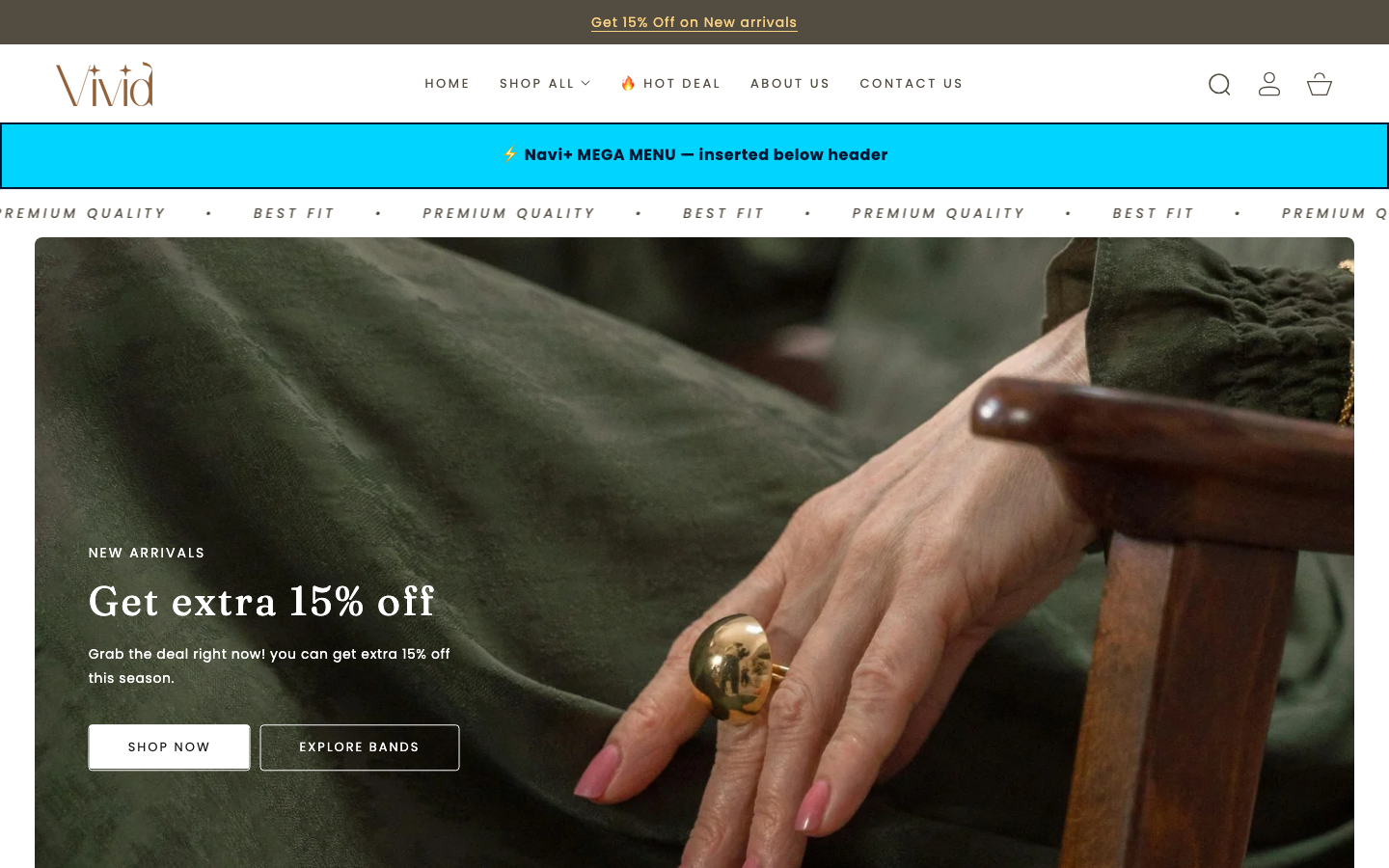 Menu inserted below header — Navi+ on the Vivid Shopify theme Menu inserted below header — Navi+ on the Vivid Shopify theme