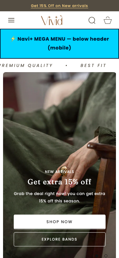 Menu inserted below header — Navi+ on the Vivid Shopify theme Menu inserted below header — Navi+ on the Vivid Shopify theme