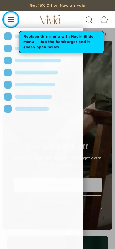 Navi+ Slide Menu on the Vivid Shopify theme Navi+ Slide Menu on the Vivid Shopify theme