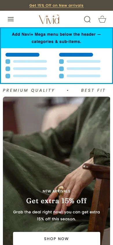 Navi+ mobile Mega Menu on the Vivid Shopify theme Navi+ mobile Mega Menu on the Vivid Shopify theme