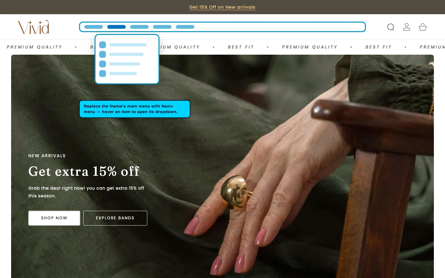 Navi+ Mega Menu replacing the desktop menu on the Vivid Shopify theme Navi+ Mega Menu replacing the desktop menu on the Vivid Shopify theme
