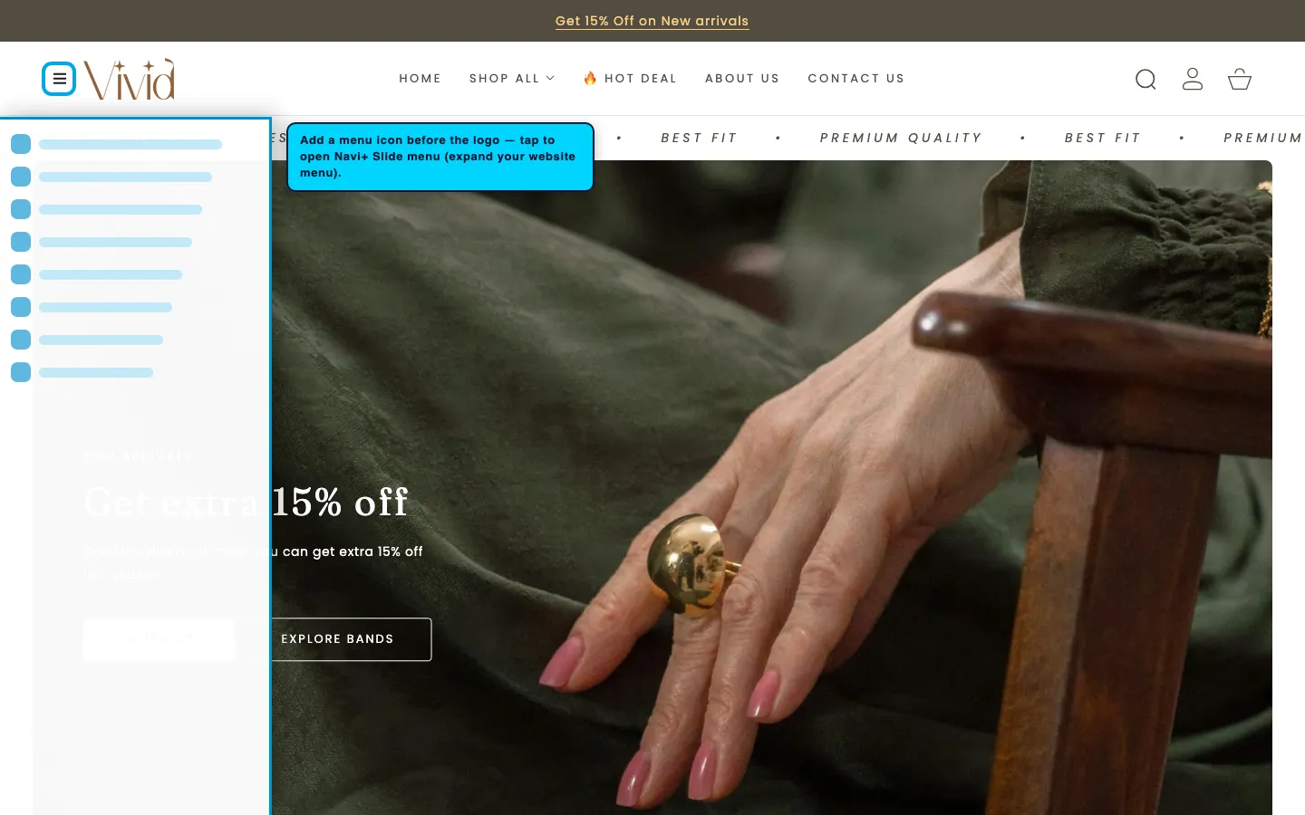Navi+ trigger icon before the logo on the Vivid Shopify theme Navi+ trigger icon before the logo on the Vivid Shopify theme