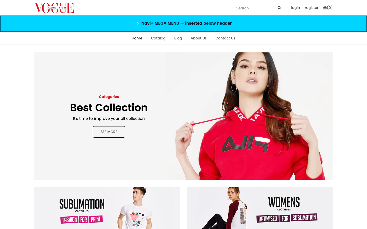 Menu inserted below header — Navi+ on the Vogue Shopify theme Menu inserted below header — Navi+ on the Vogue Shopify theme