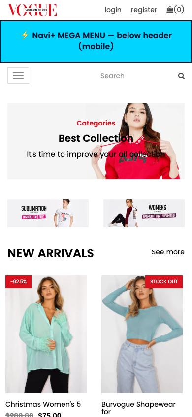 Menu inserted below header — Navi+ on the Vogue Shopify theme Menu inserted below header — Navi+ on the Vogue Shopify theme