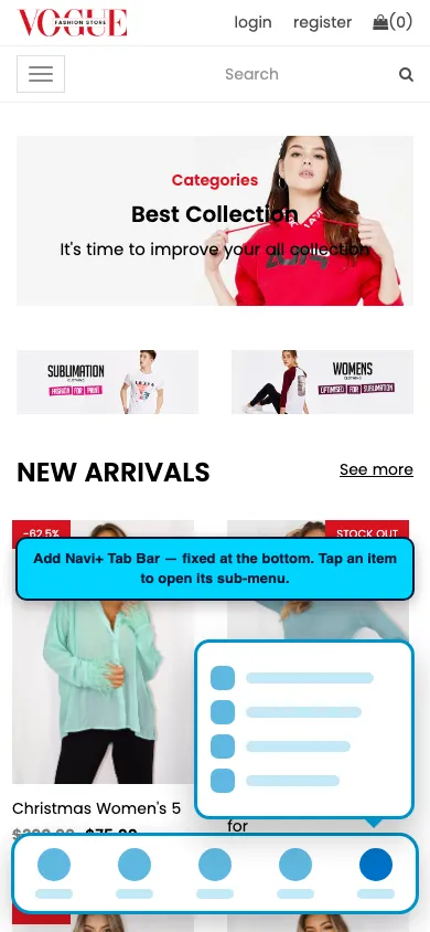 Navi+ Tab Bar on the Vogue Shopify theme Navi+ Tab Bar on the Vogue Shopify theme