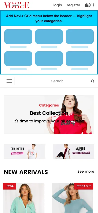 Navi+ Grid Menu on the Vogue Shopify theme Navi+ Grid Menu on the Vogue Shopify theme