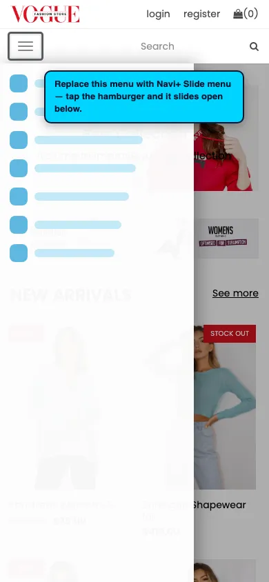 Navi+ Slide Menu on the Vogue Shopify theme Navi+ Slide Menu on the Vogue Shopify theme