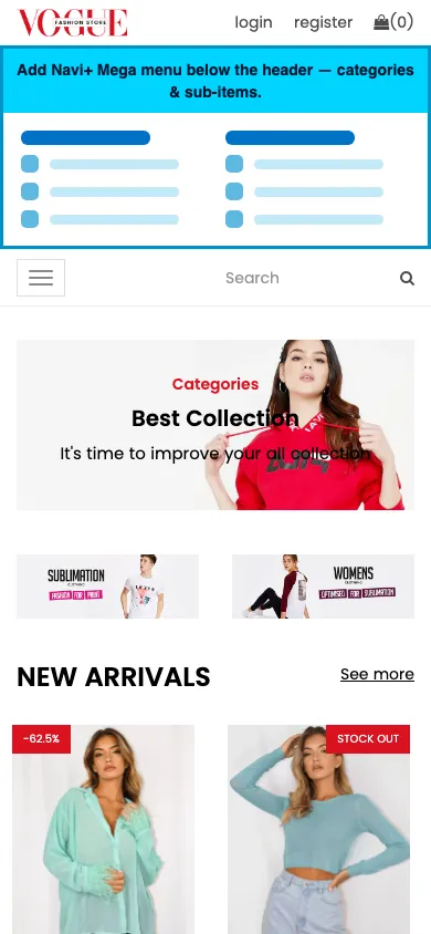 Navi+ mobile Mega Menu on the Vogue Shopify theme Navi+ mobile Mega Menu on the Vogue Shopify theme