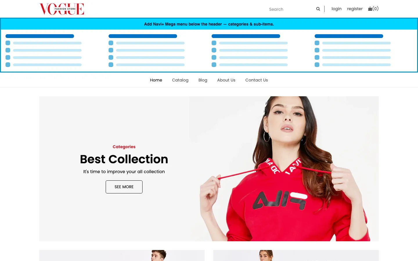 Navi+ Mega Menu inserted below the header on the Vogue Shopify theme Navi+ Mega Menu inserted below the header on the Vogue Shopify theme