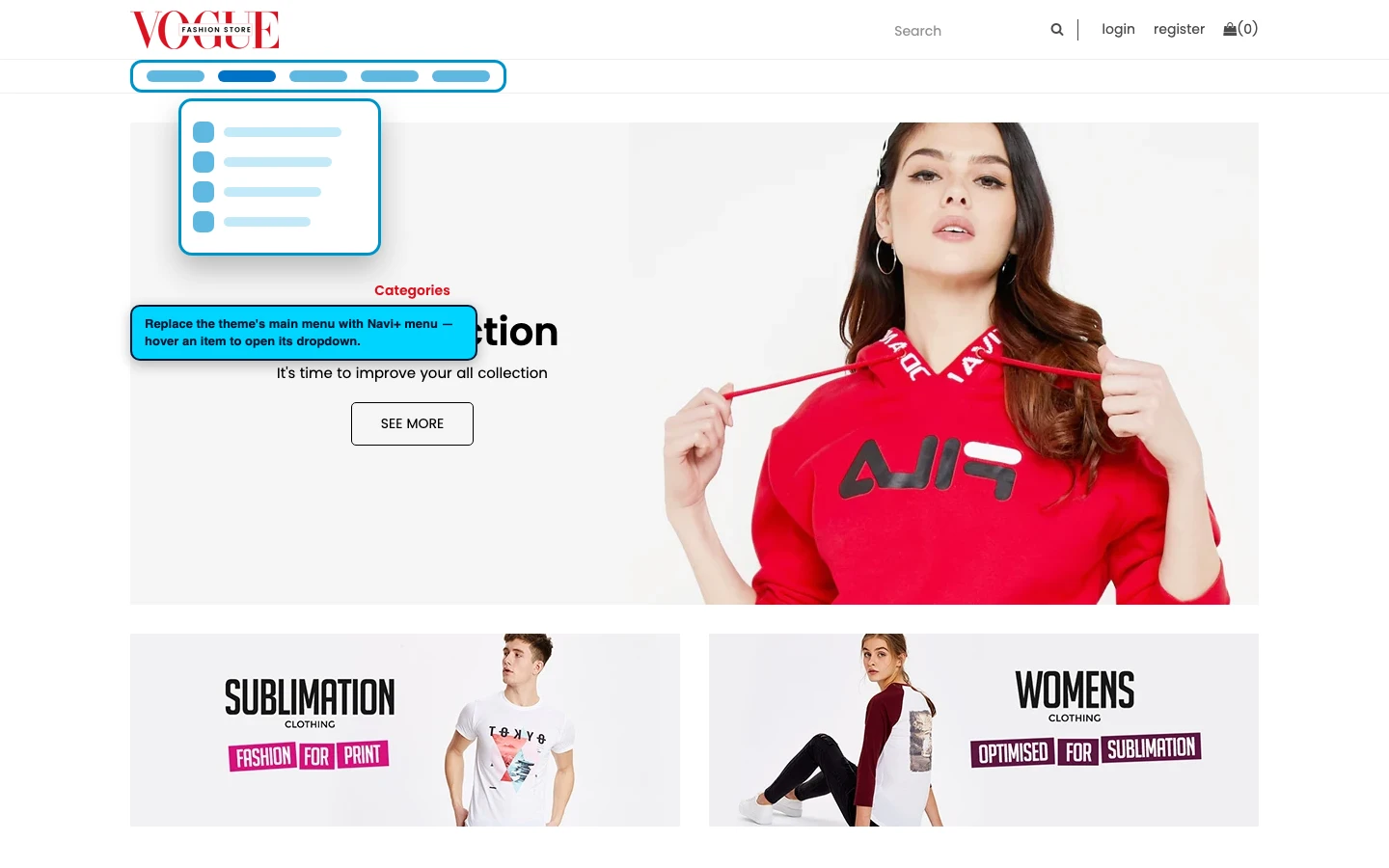 Navi+ Mega Menu replacing the desktop menu on the Vogue Shopify theme