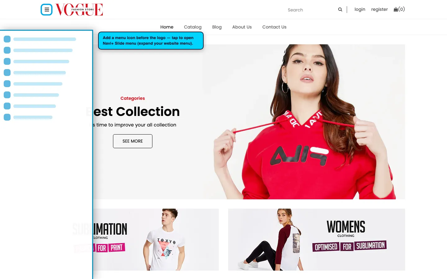 Navi+ trigger icon before the logo on the Vogue Shopify theme Navi+ trigger icon before the logo on the Vogue Shopify theme