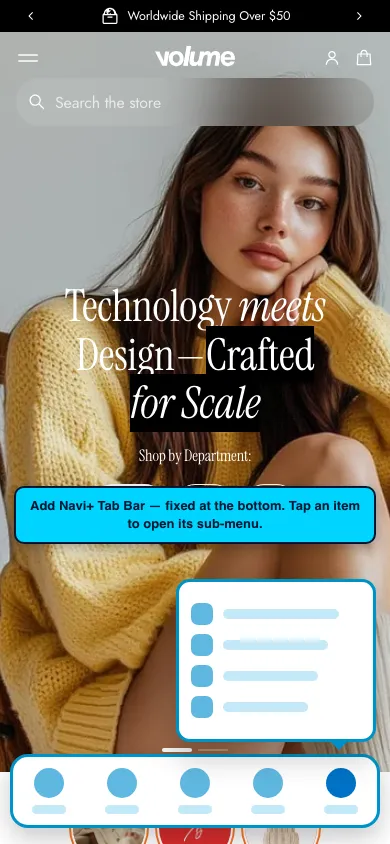Navi+ Tab Bar on the Volume Shopify theme Navi+ Tab Bar on the Volume Shopify theme
