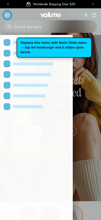 Navi+ Slide Menu on the Volume Shopify theme Navi+ Slide Menu on the Volume Shopify theme