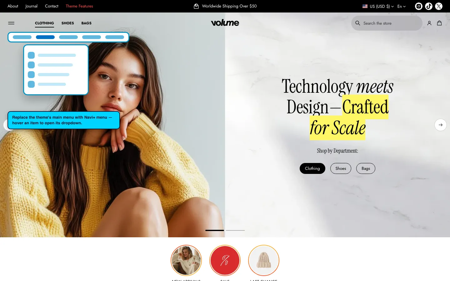Navi+ Mega Menu replacing the desktop menu on the Volume Shopify theme Navi+ Mega Menu replacing the desktop menu on the Volume Shopify theme