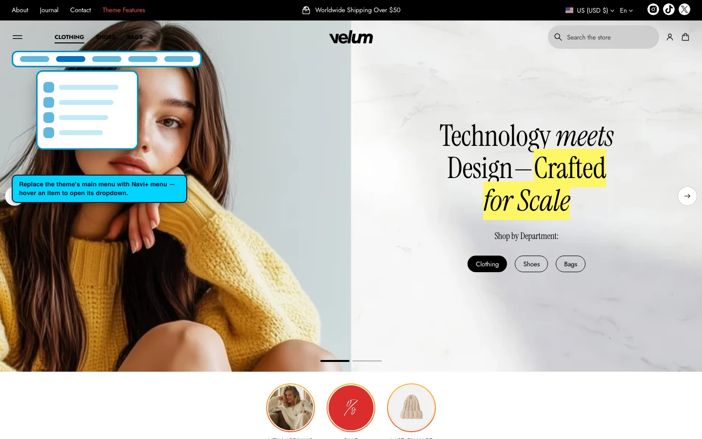 Navi+ Mega Menu replacing the desktop menu on the Volume Shopify theme Navi+ Mega Menu replacing the desktop menu on the Volume Shopify theme