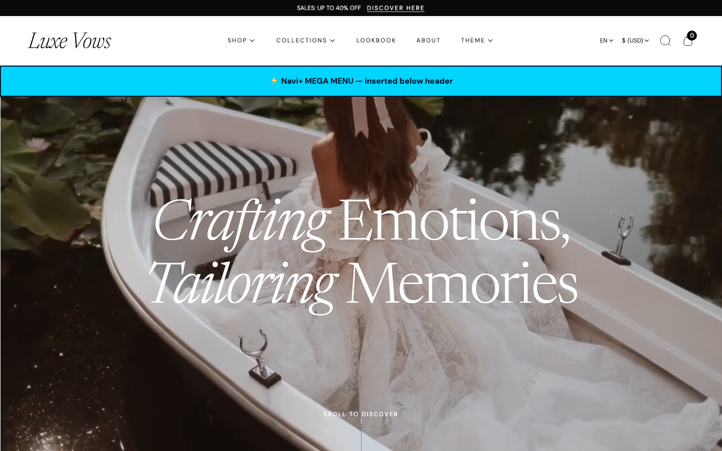Menu inserted below header — Navi+ on the Vows Shopify theme Menu inserted below header — Navi+ on the Vows Shopify theme