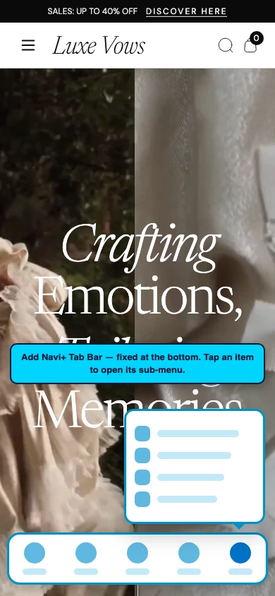 Navi+ Tab Bar on the Vows Shopify theme Navi+ Tab Bar on the Vows Shopify theme