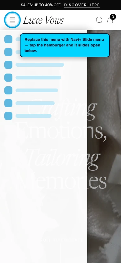 Navi+ Slide Menu on the Vows Shopify theme Navi+ Slide Menu on the Vows Shopify theme
