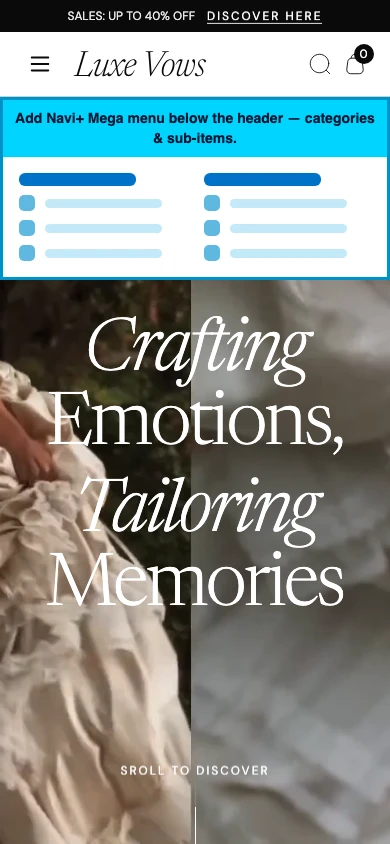 Navi+ mobile Mega Menu on the Vows Shopify theme Navi+ mobile Mega Menu on the Vows Shopify theme