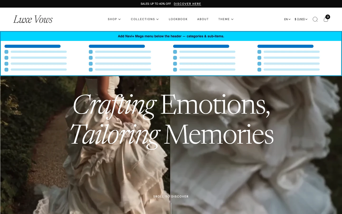 Navi+ Mega Menu inserted below the header on the Vows Shopify theme Navi+ Mega Menu inserted below the header on the Vows Shopify theme