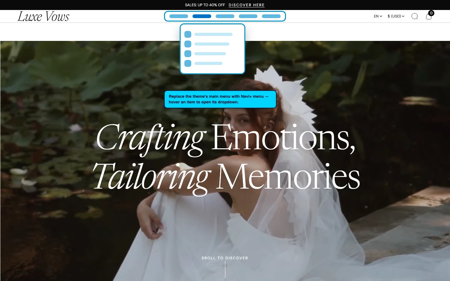 Navi+ Mega Menu replacing the desktop menu on the Vows Shopify theme Navi+ Mega Menu replacing the desktop menu on the Vows Shopify theme