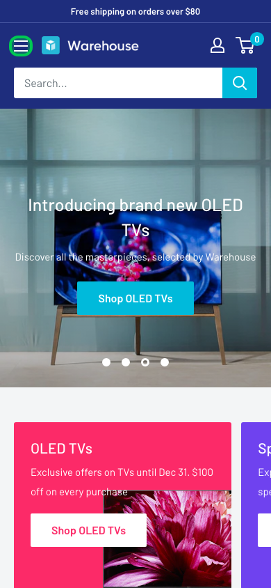Hamburger → panel opened — Navi+ on the Warehouse Shopify theme Hamburger → panel opened — Navi+ on the Warehouse Shopify theme