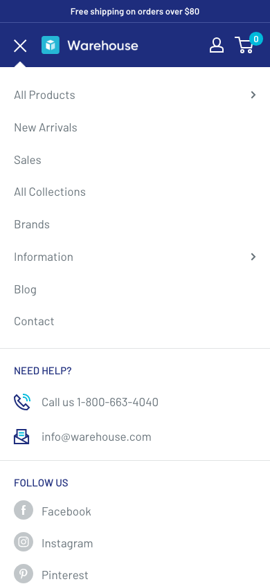 Hamburger → panel opened — Navi+ on the Warehouse Shopify theme Hamburger → panel opened — Navi+ on the Warehouse Shopify theme