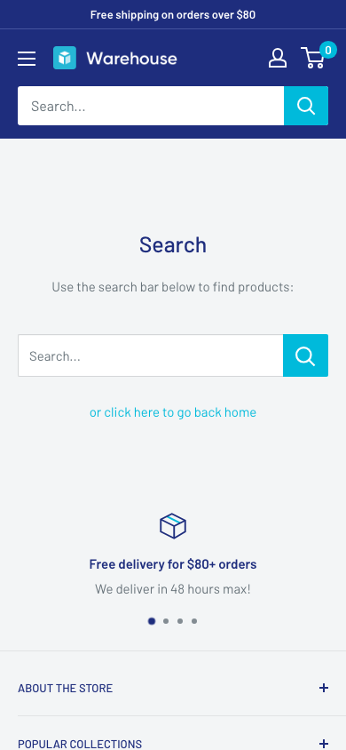 Search → panel opened — Navi+ on the Warehouse Shopify theme Search → panel opened — Navi+ on the Warehouse Shopify theme